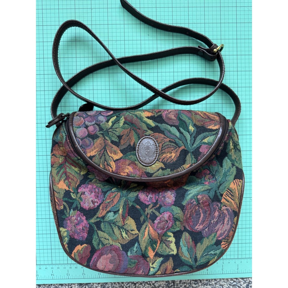 Vintage 1991 Liz Claiborne Italian Tapestry Floral Crossbody Bag Leather Trim